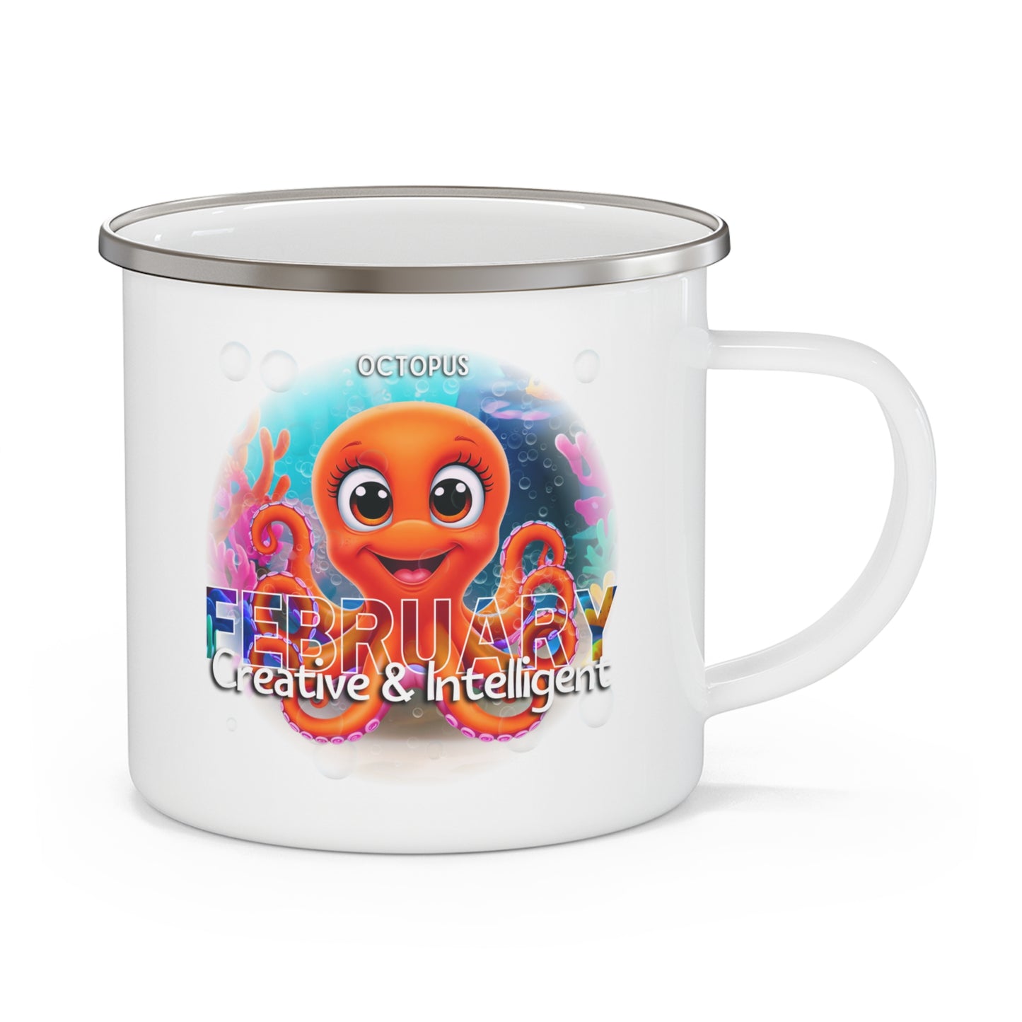 February Octopus Kids Sea Life Birth Month Enamel 12oz Camping Mug