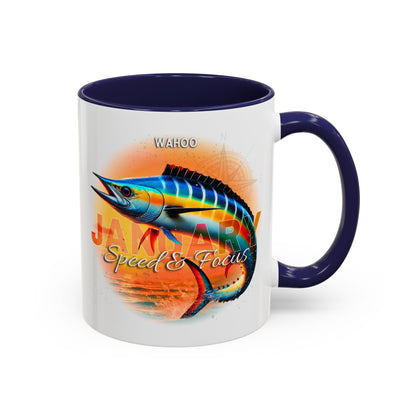 Colorful January Wahoo Birth Month Accent Coffee Mug with Colored Handle