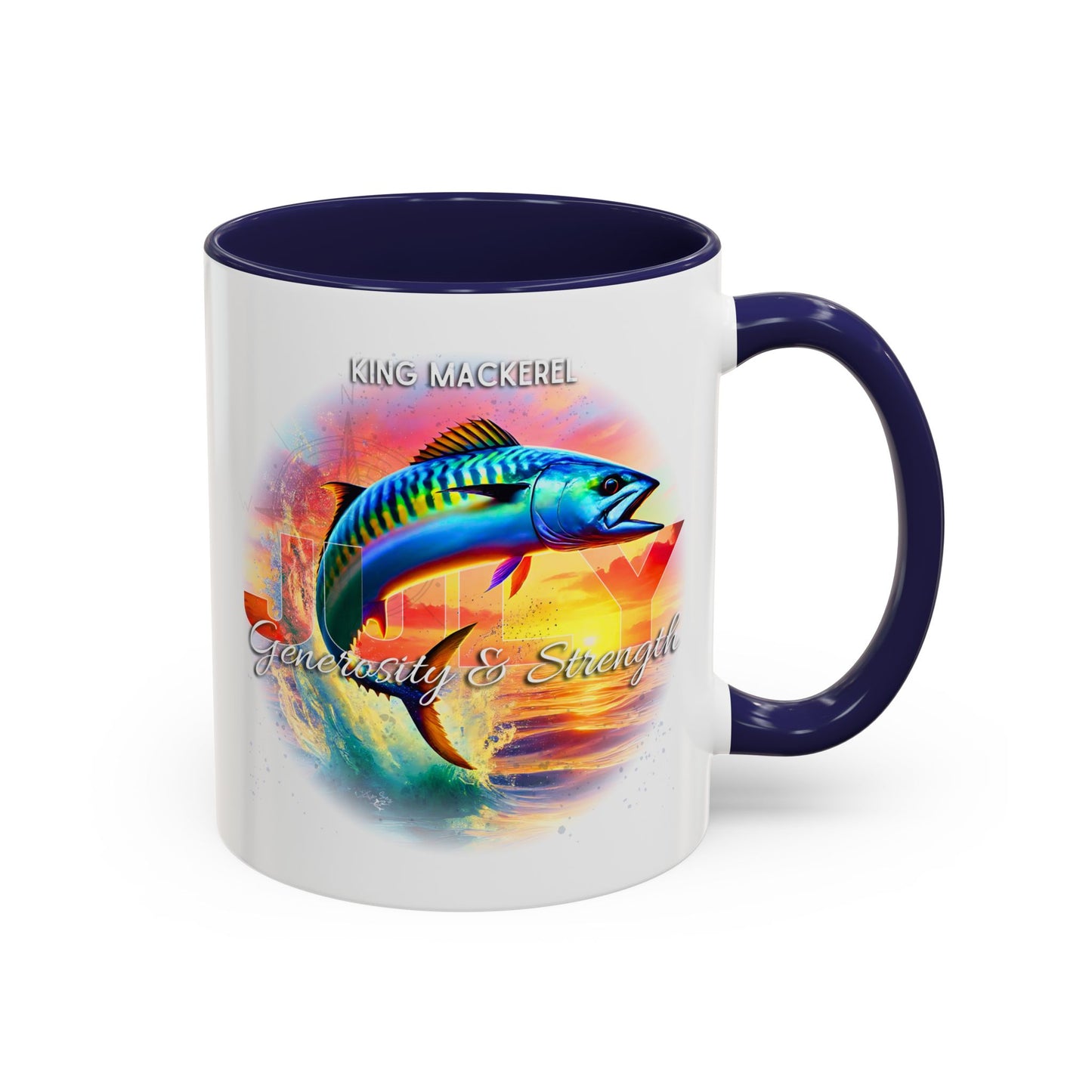 Colorful July King Mackerel Birth Month Accent Coffee Mug with Colored Handle