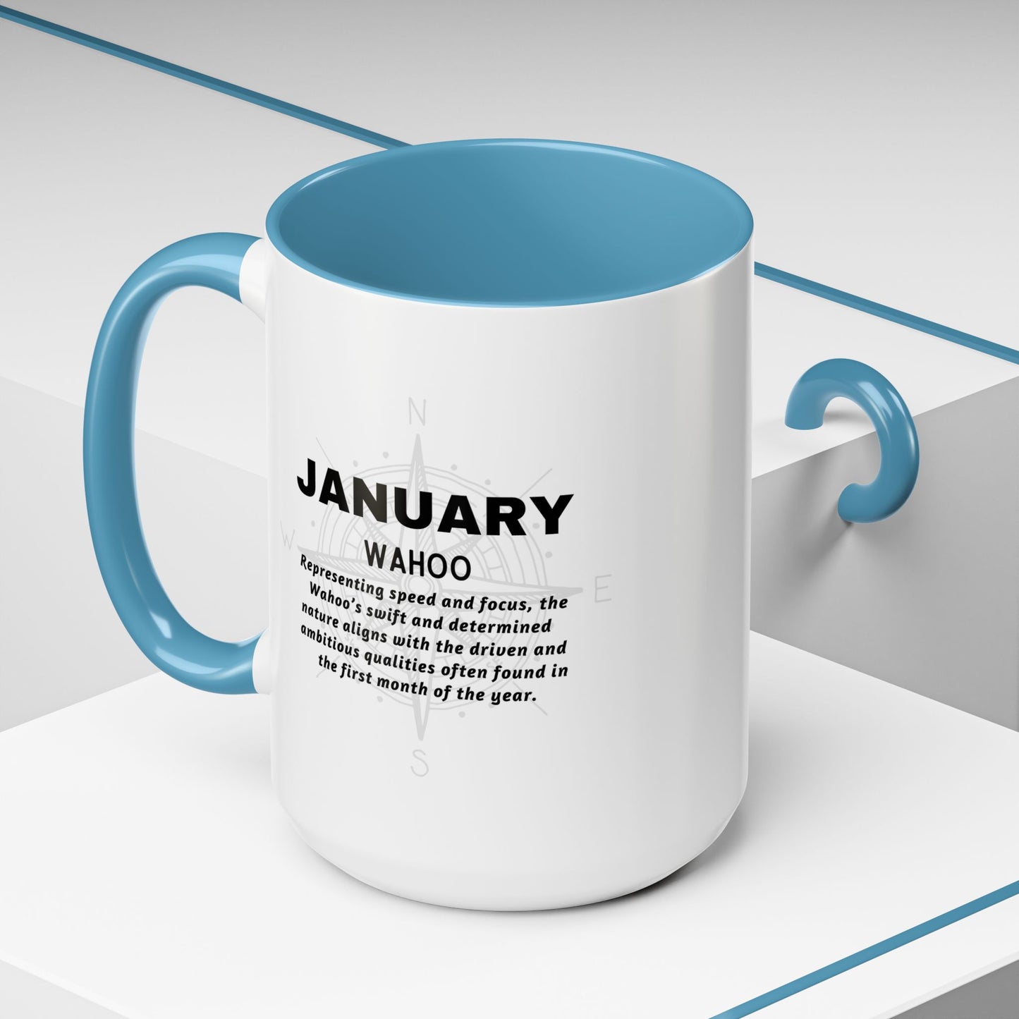 Colorful January Wahoo Birth Month Accent Coffee Mug with Colored Handle