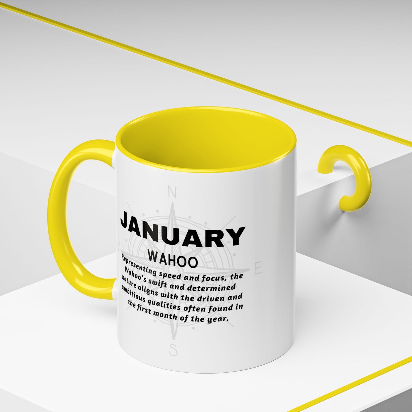 Colorful January Wahoo Birth Month Accent Coffee Mug with Colored Handle