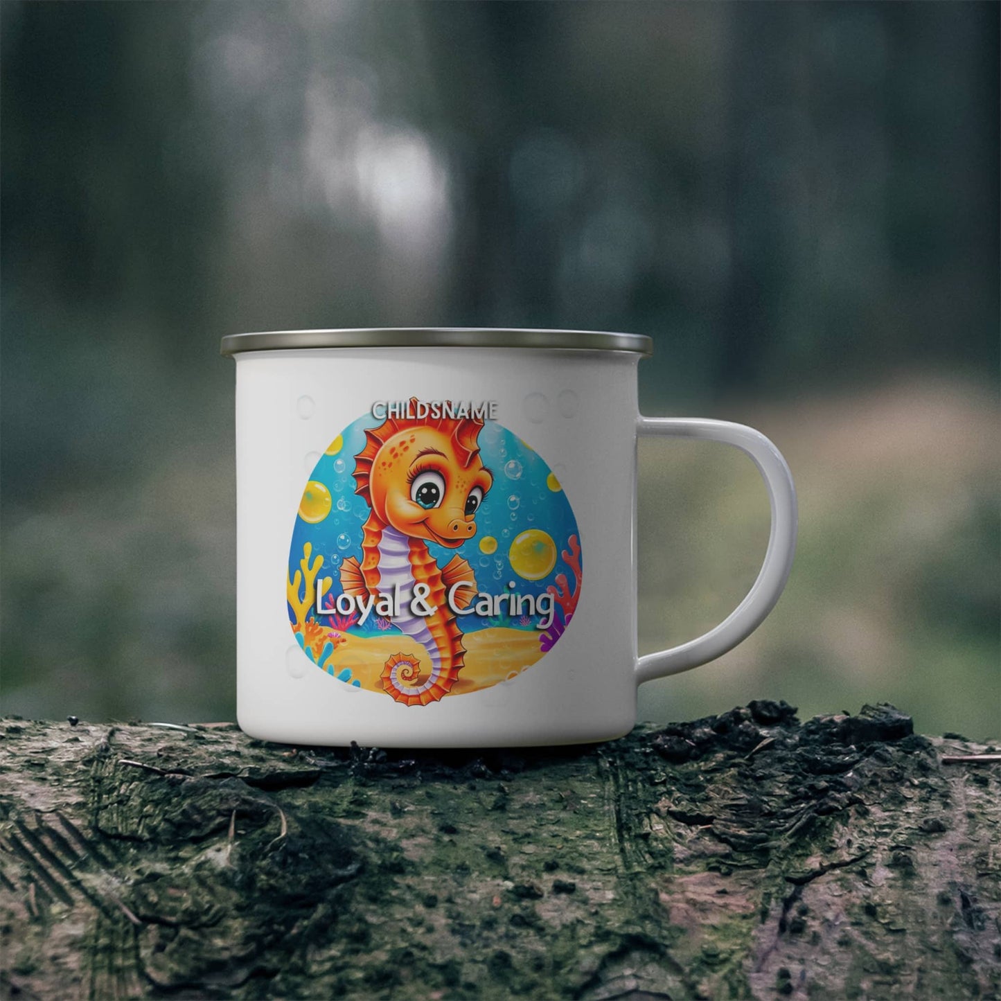 Personalized Kids Seahorse Camping Mug – Loyal & Caring – Colorful Sea Life Stainless Steel Enamel Cup (12oz)