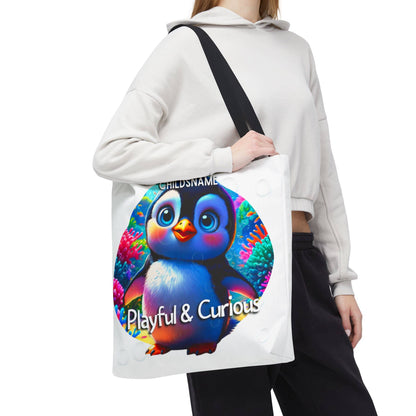 Personalized Kids Penguin Beach Tote Bag Playful & Curious