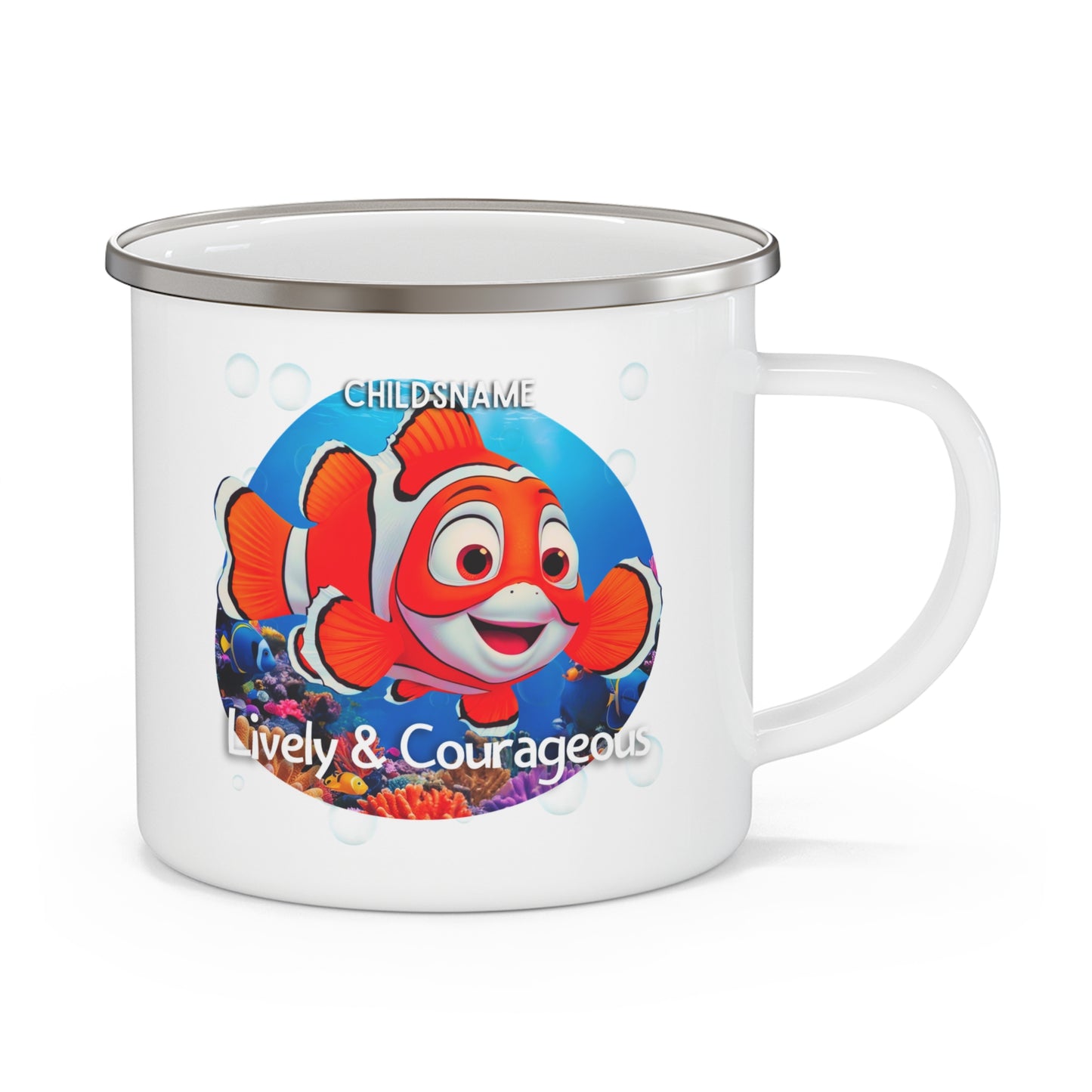 Personalized Kids Clownfish Camping Mug – Lively & Courageous – Colorful Sea Life Stainless Steel Enamel Cup (12oz)