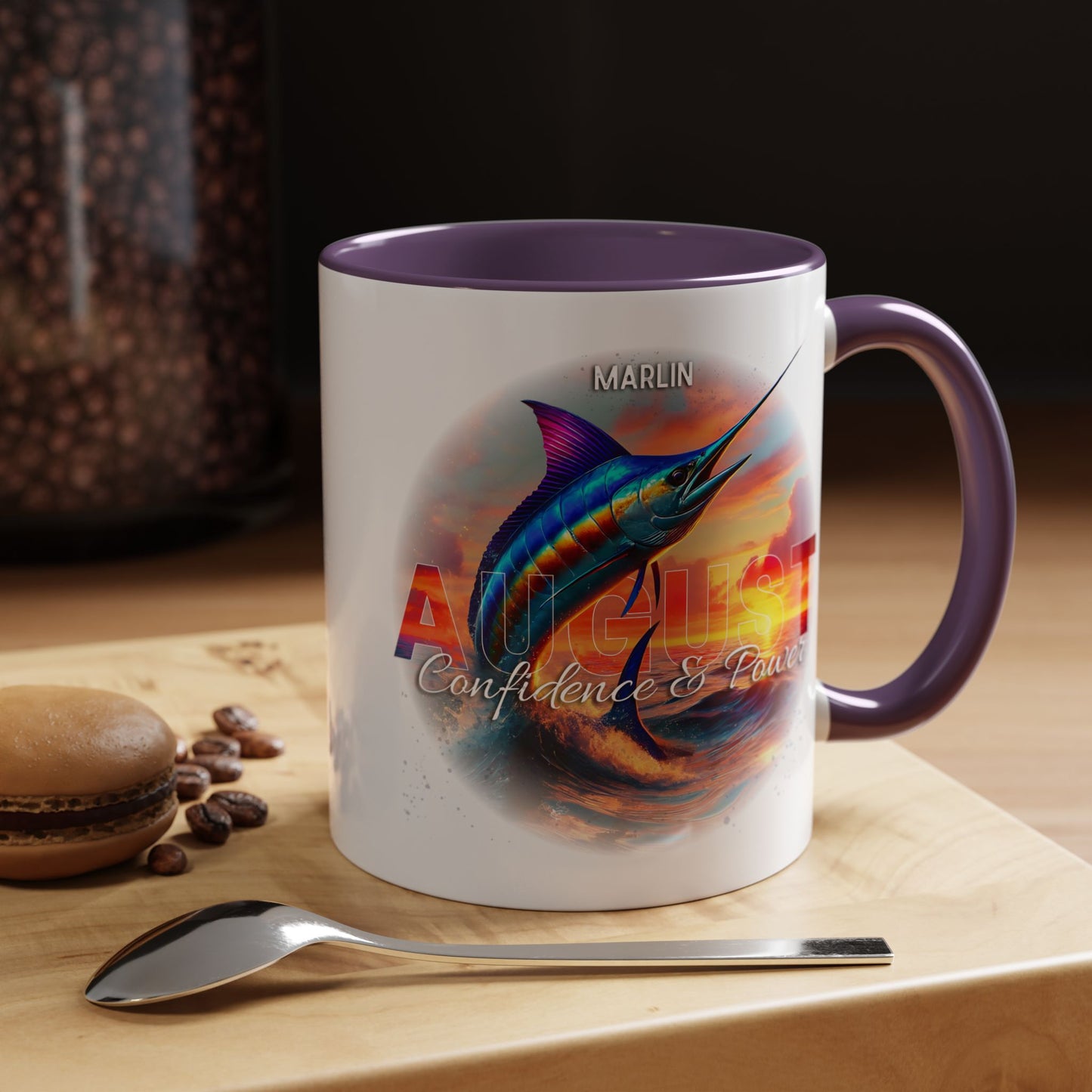 Colorful August Marlin Birth Month Accent Coffee Mug with Colored Handle
