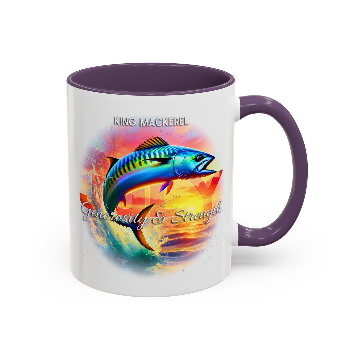 Colorful July King Mackerel Birth Month Accent Coffee Mug with Colored Handle