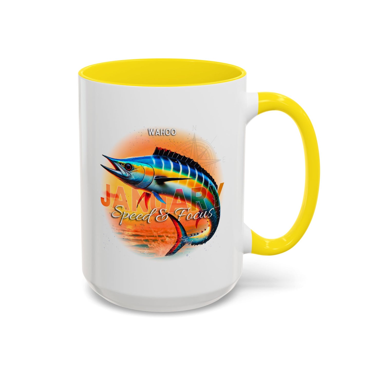 Colorful January Wahoo Birth Month Accent Coffee Mug with Colored Handle