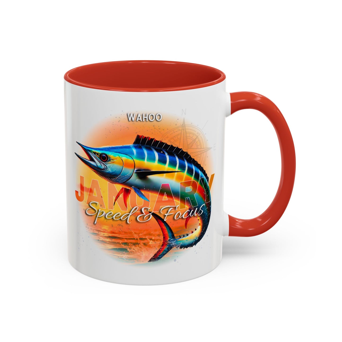 Colorful January Wahoo Birth Month Accent Coffee Mug with Colored Handle