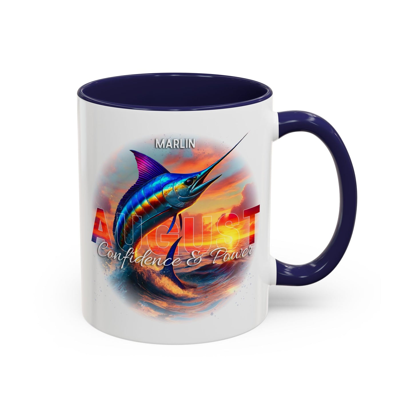 Colorful August Marlin Birth Month Accent Coffee Mug with Colored Handle