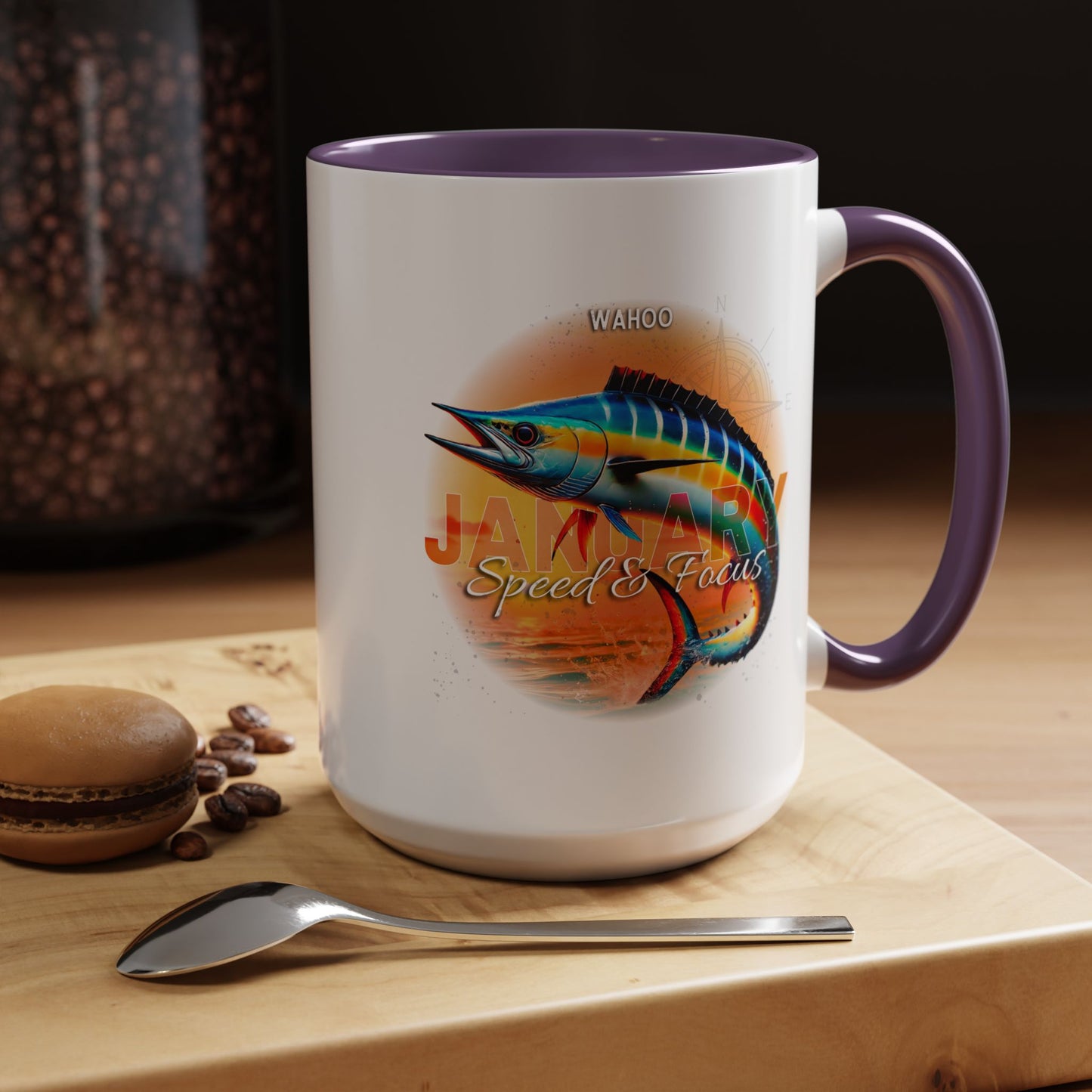 Colorful January Wahoo Birth Month Accent Coffee Mug with Colored Handle