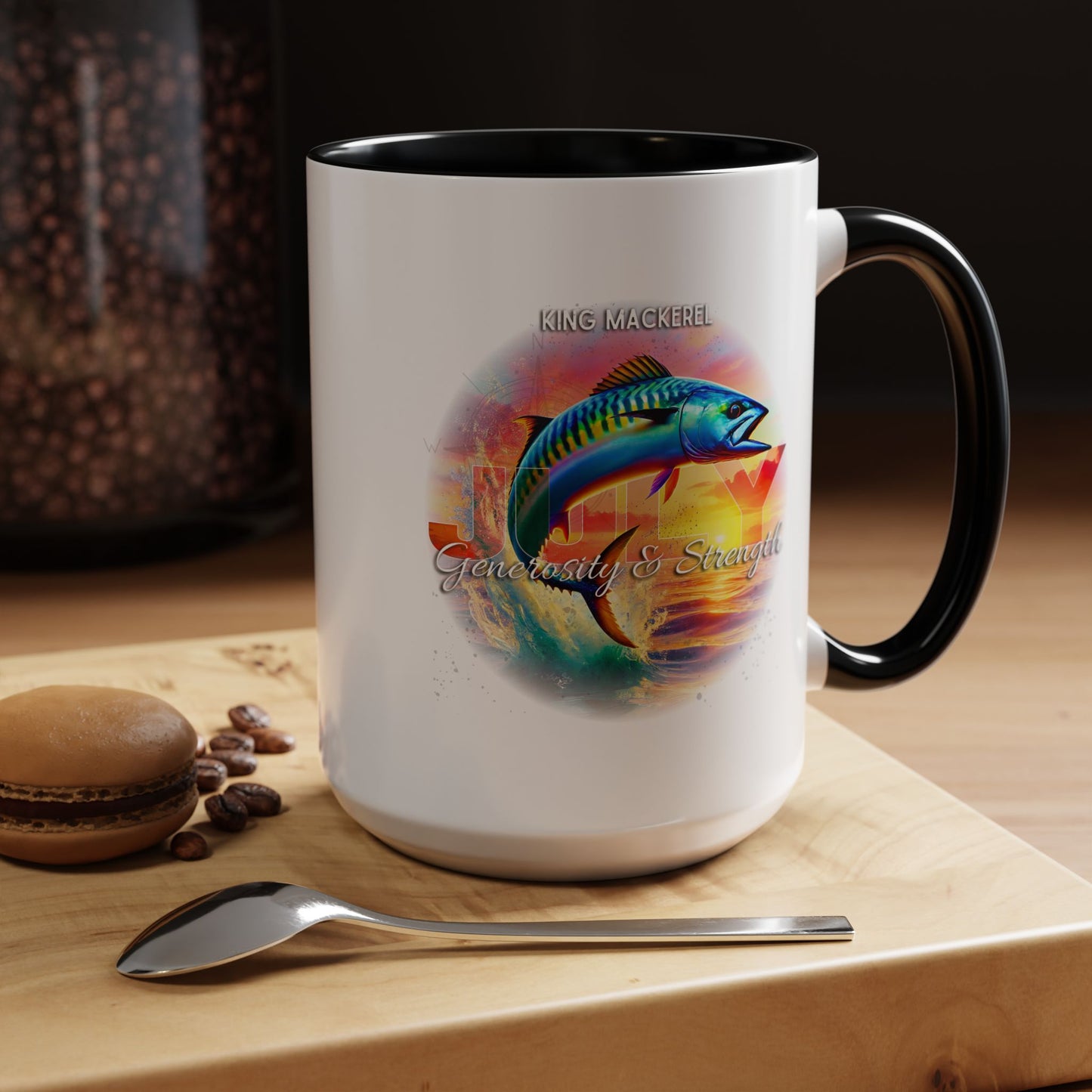 Colorful July King Mackerel Birth Month Accent Coffee Mug with Colored Handle