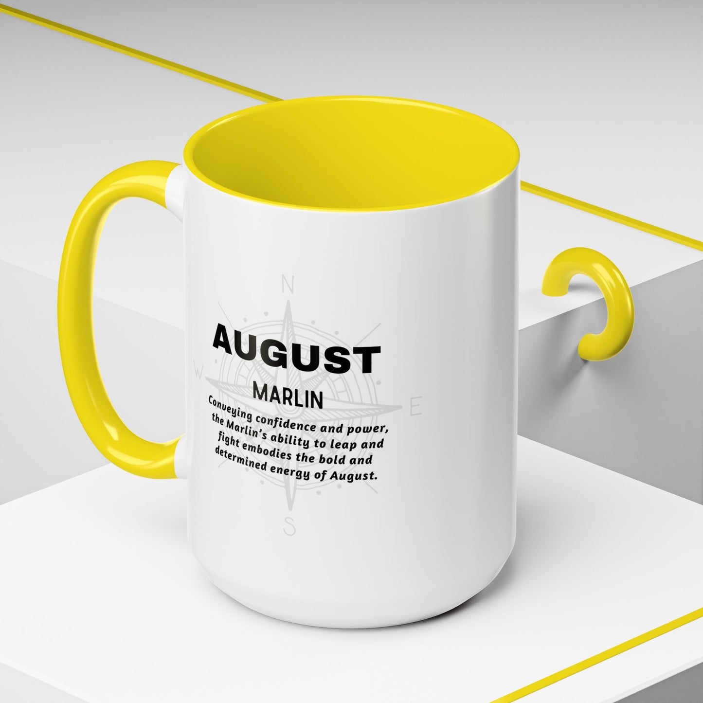 Colorful August Marlin Birth Month Accent Coffee Mug with Colored Handle