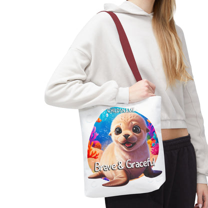 Personalized Kids Seal Beach Tote Bag – Brave & Graceful – Custom Sea Life Bag with Name