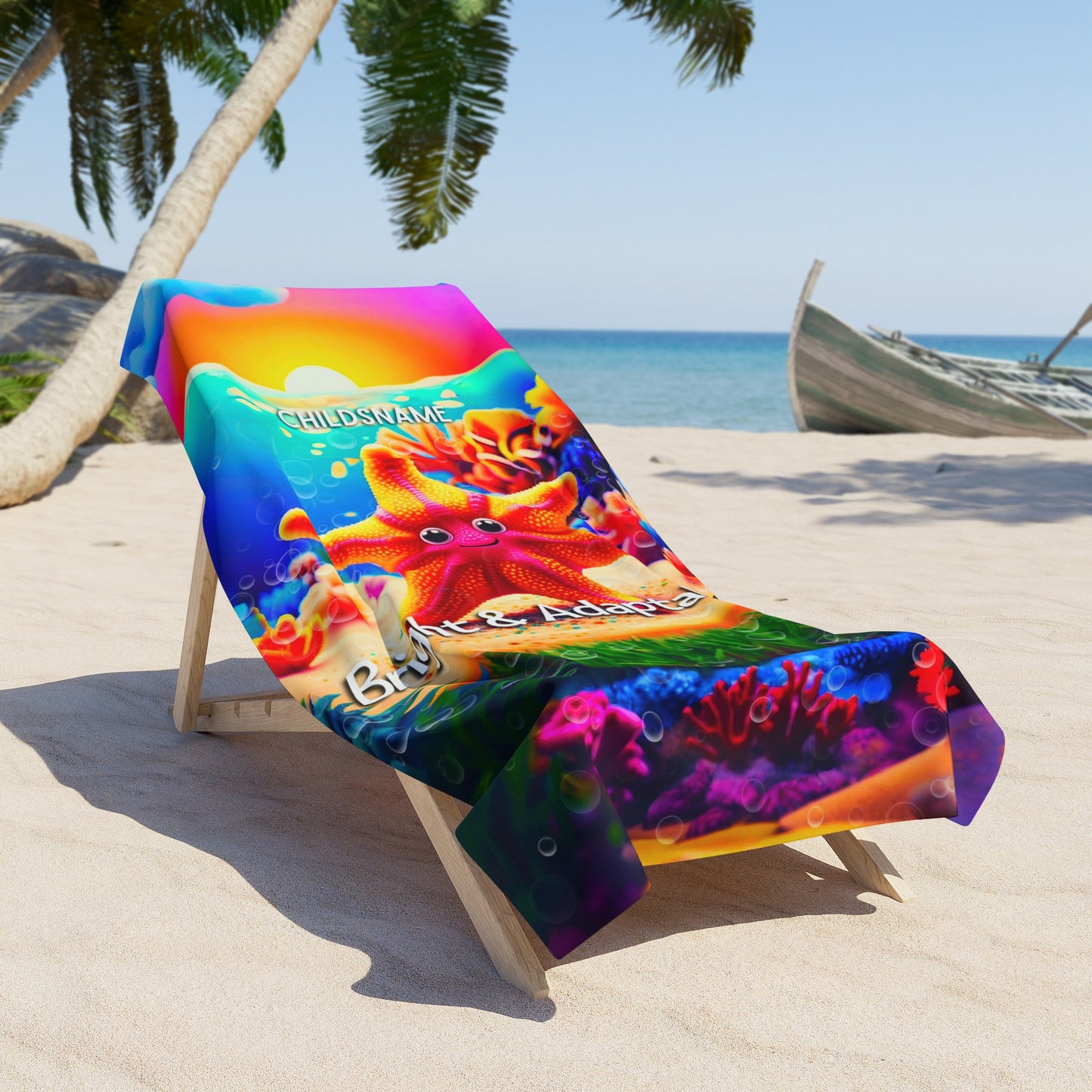 Personalized Kids Beach Towel – Vibrant Starfish Design – Bright & Adaptable