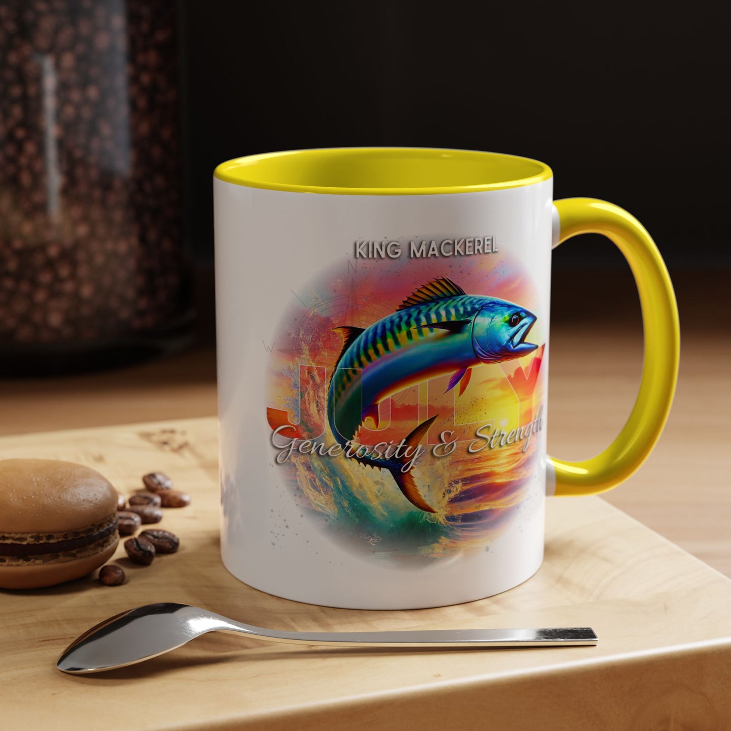 Colorful July King Mackerel Birth Month Accent Coffee Mug with Colored Handle
