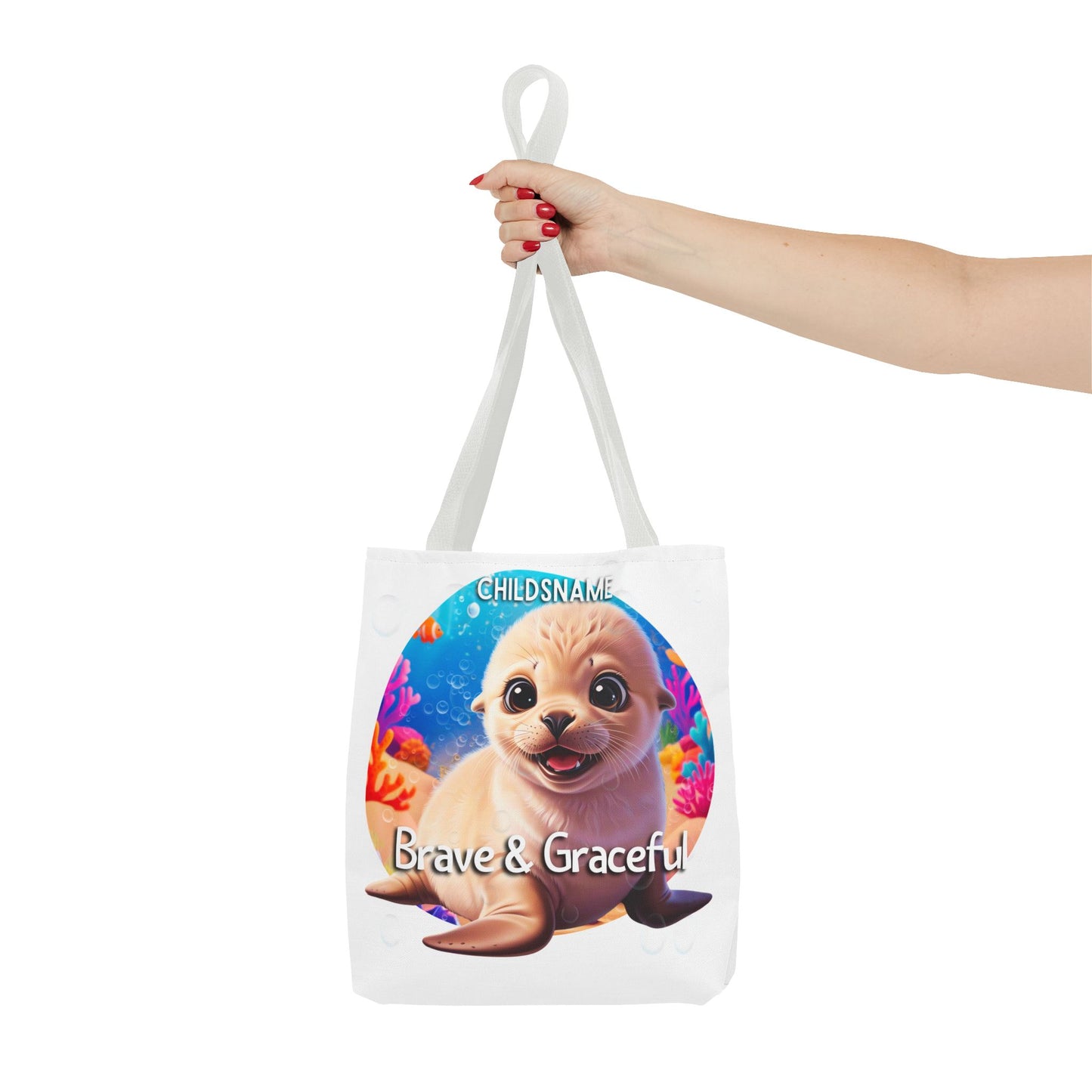 Personalized Kids Seal Beach Tote Bag – Brave & Graceful – Custom Sea Life Bag with Name