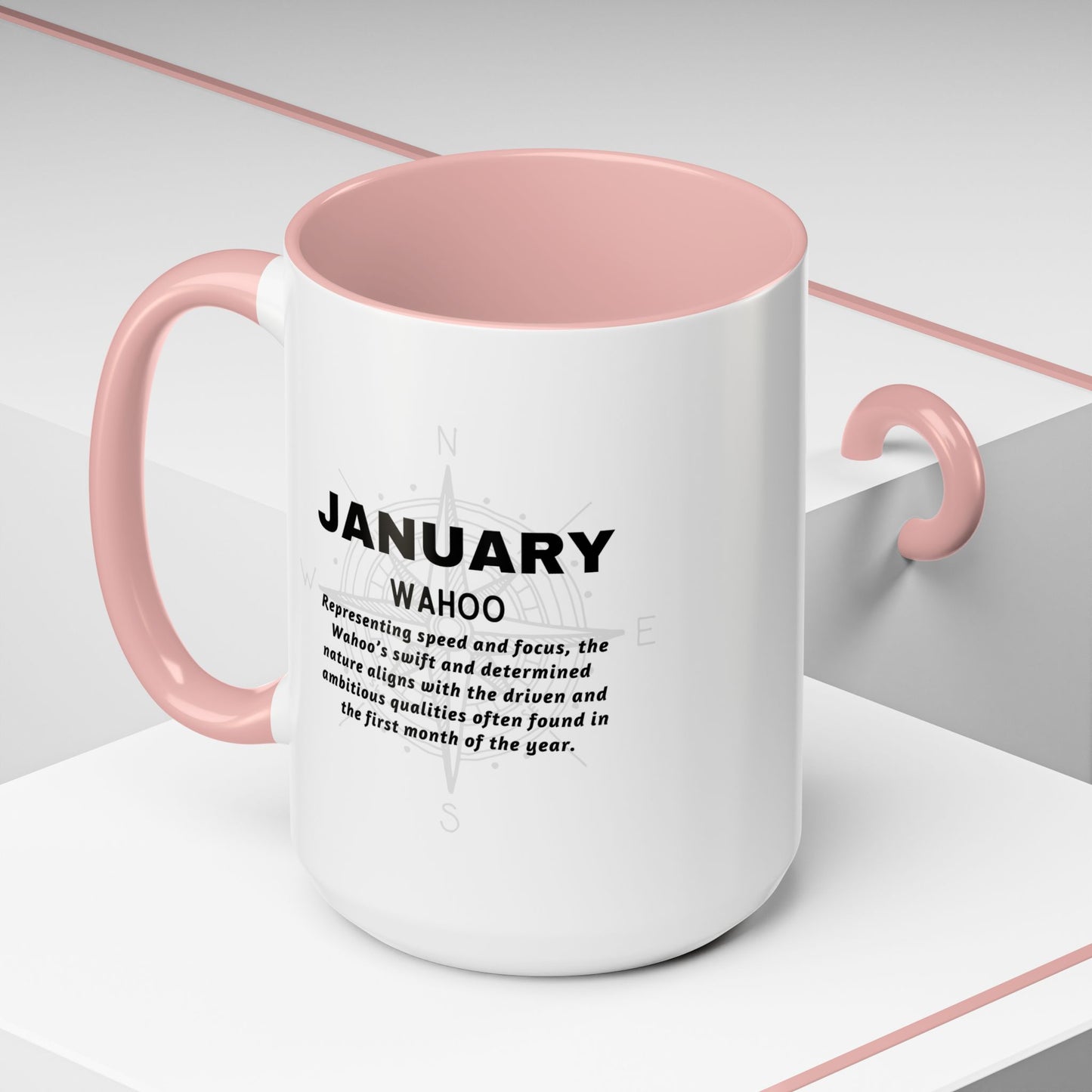 Colorful January Wahoo Birth Month Accent Coffee Mug with Colored Handle