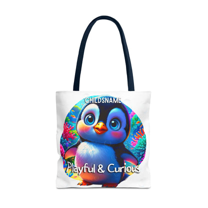 Personalized Kids Penguin Beach Tote Bag Playful & Curious