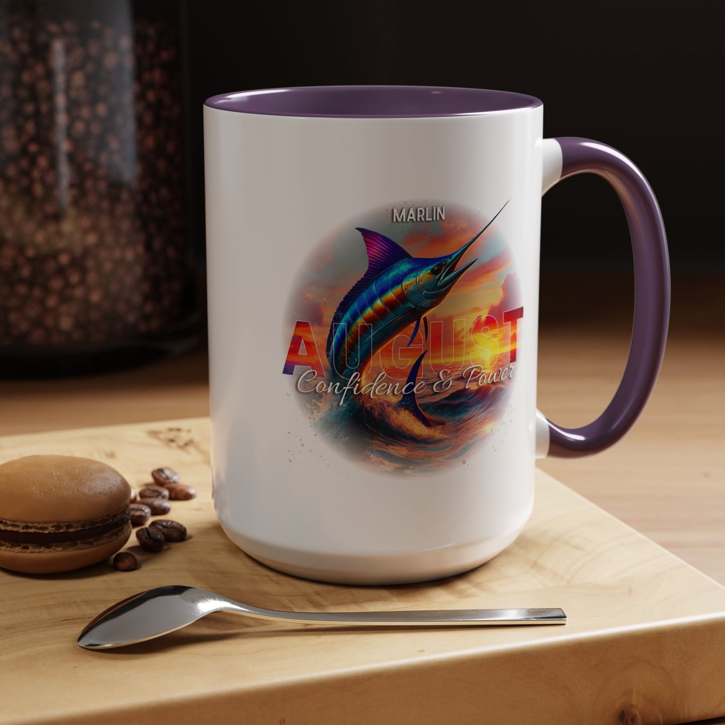 Colorful August Marlin Birth Month Accent Coffee Mug with Colored Handle