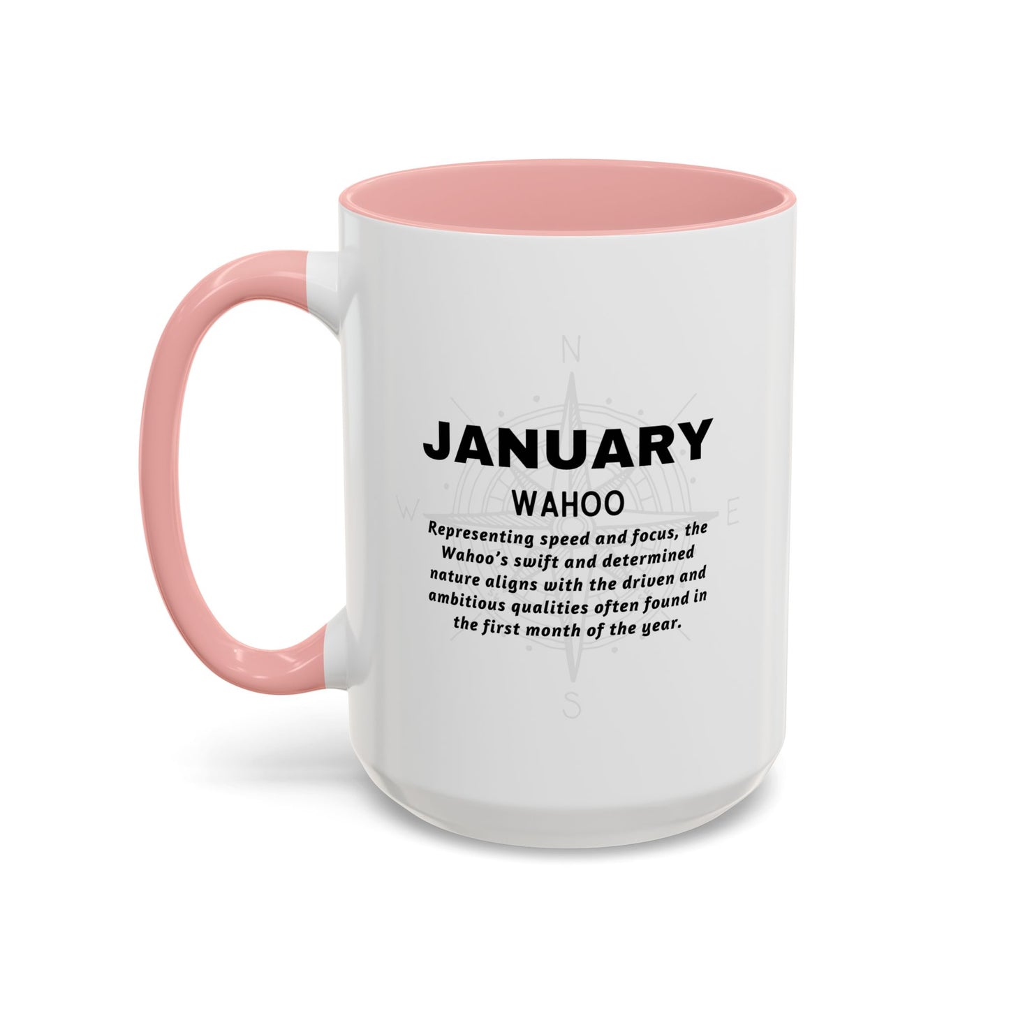 Colorful January Wahoo Birth Month Accent Coffee Mug with Colored Handle