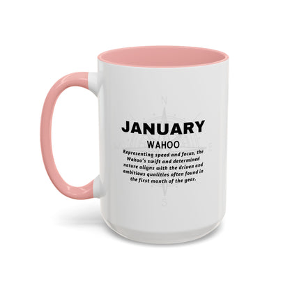 Colorful January Wahoo Birth Month Accent Coffee Mug with Colored Handle