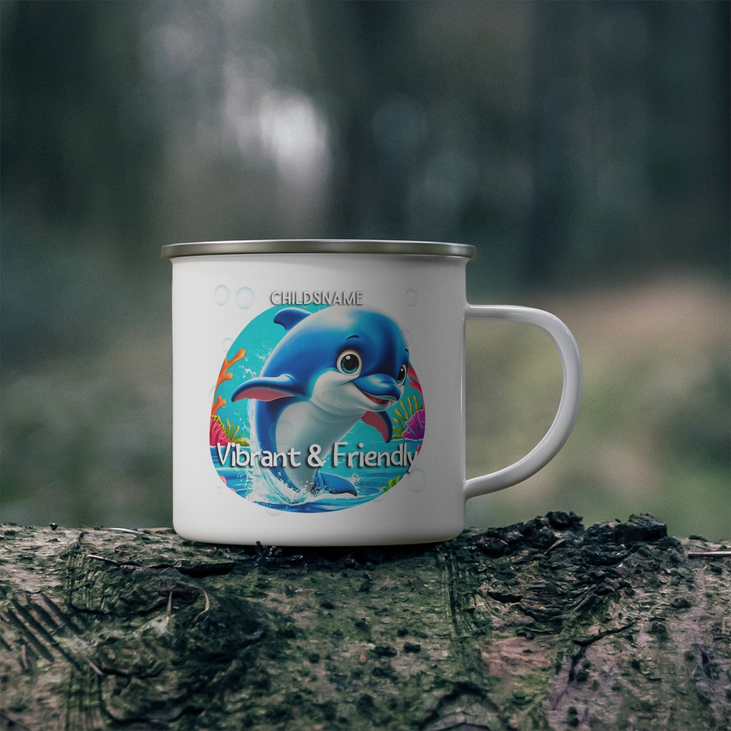 Personalized Kids Dolphin Camping Mug – Vibrant & Friendly – Colorful Sea Life Stainless Steel Enamel Cup (12oz)