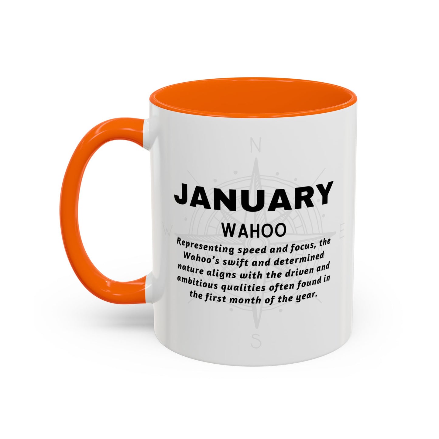 Colorful January Wahoo Birth Month Accent Coffee Mug with Colored Handle