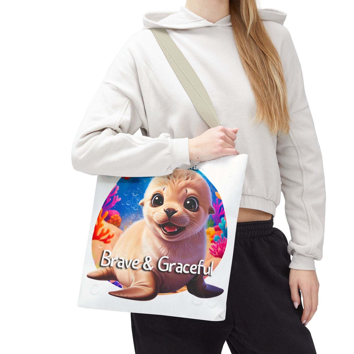 Personalized Kids Seal Beach Tote Bag – Brave & Graceful – Custom Sea Life Bag with Name