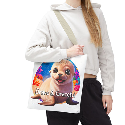 Personalized Kids Seal Beach Tote Bag – Brave & Graceful – Custom Sea Life Bag with Name