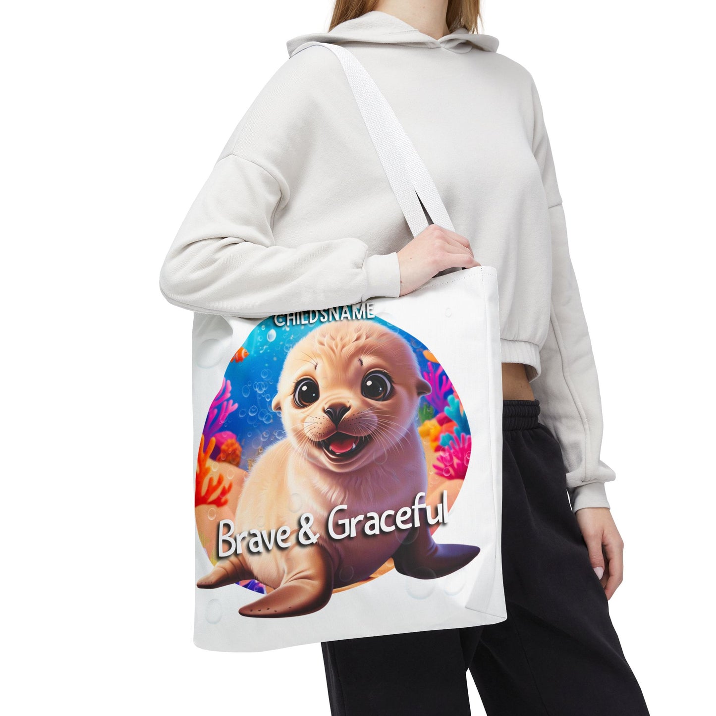 Personalized Kids Seal Beach Tote Bag – Brave & Graceful – Custom Sea Life Bag with Name