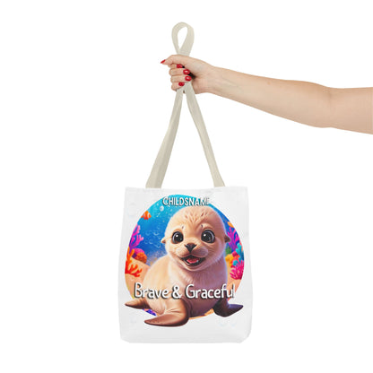 Personalized Kids Seal Beach Tote Bag – Brave & Graceful – Custom Sea Life Bag with Name