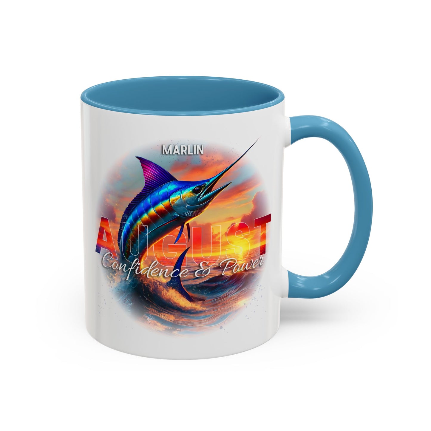 Colorful August Marlin Birth Month Accent Coffee Mug with Colored Handle
