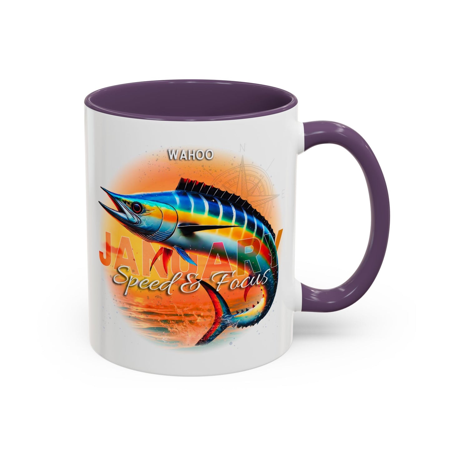 Colorful January Wahoo Birth Month Accent Coffee Mug with Colored Handle