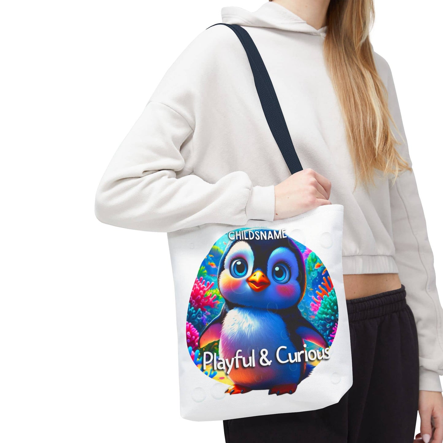Personalized Kids Penguin Beach Tote Bag Playful & Curious