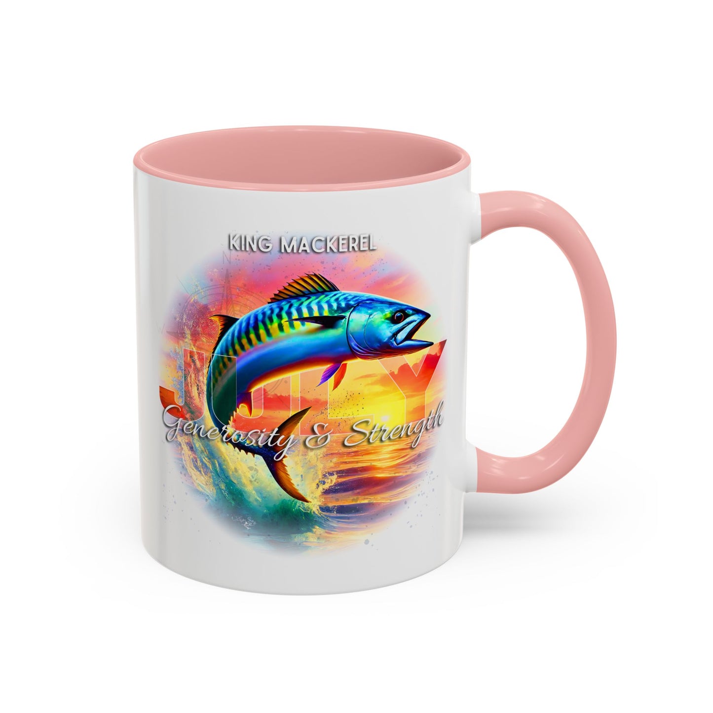 Colorful July King Mackerel Birth Month Accent Coffee Mug with Colored Handle