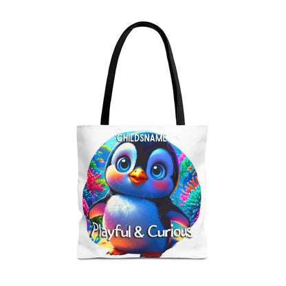 Personalized Kids Penguin Beach Tote Bag Playful & Curious