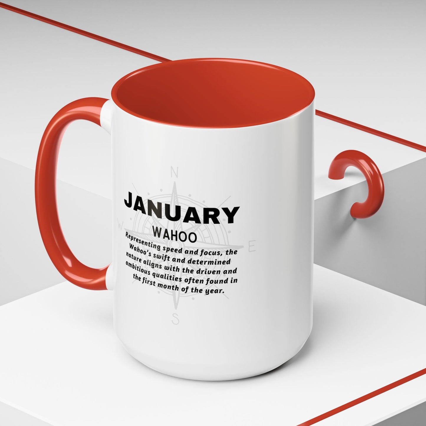 Colorful January Wahoo Birth Month Accent Coffee Mug with Colored Handle