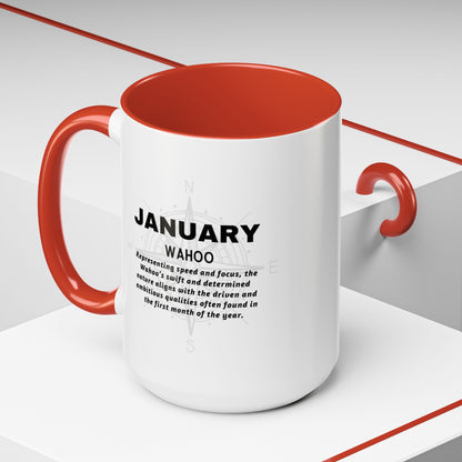Colorful January Wahoo Birth Month Accent Coffee Mug with Colored Handle