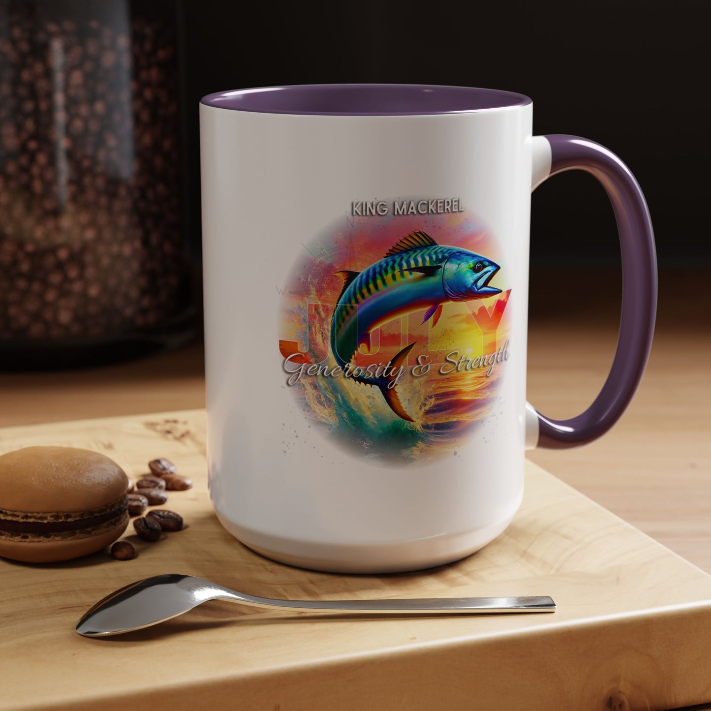 Colorful July King Mackerel Birth Month Accent Coffee Mug with Colored Handle
