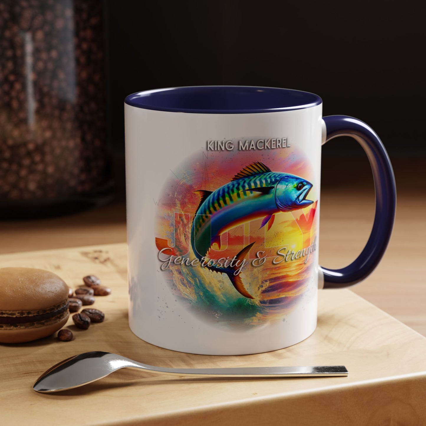 Colorful July King Mackerel Birth Month Accent Coffee Mug with Colored Handle