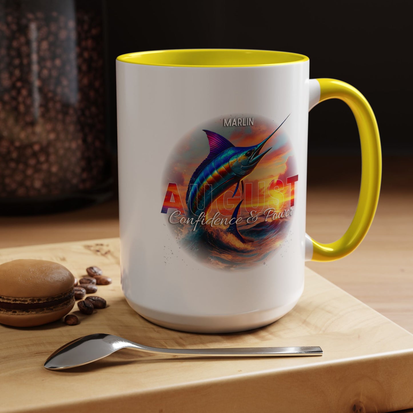 Colorful August Marlin Birth Month Accent Coffee Mug with Colored Handle