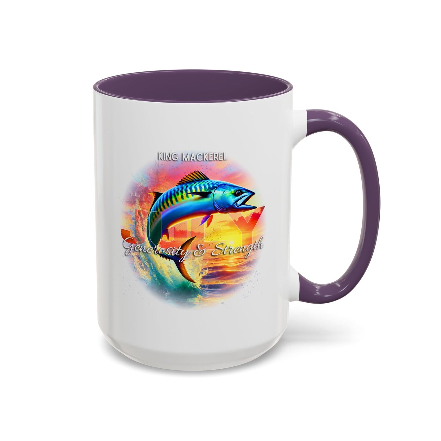 Colorful July King Mackerel Birth Month Accent Coffee Mug with Colored Handle