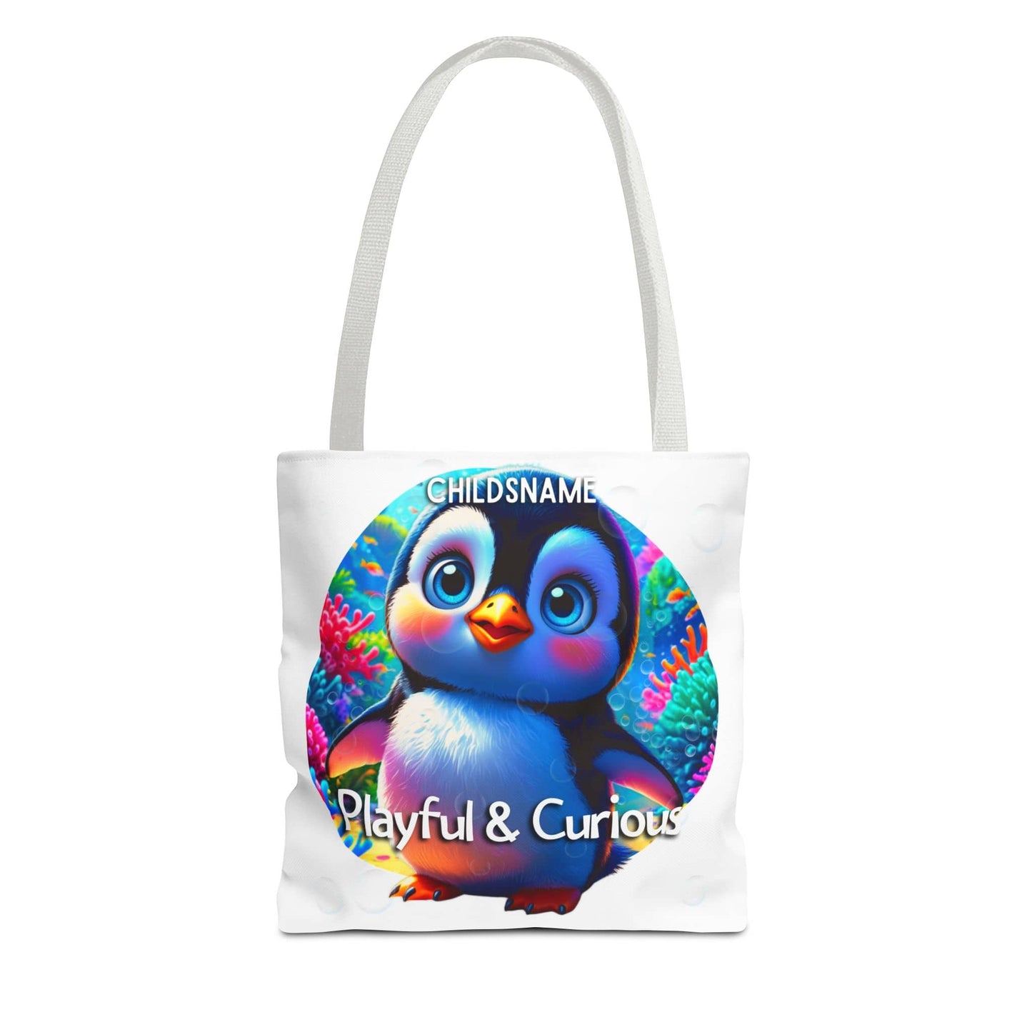 Personalized Kids Penguin Beach Tote Bag Playful & Curious