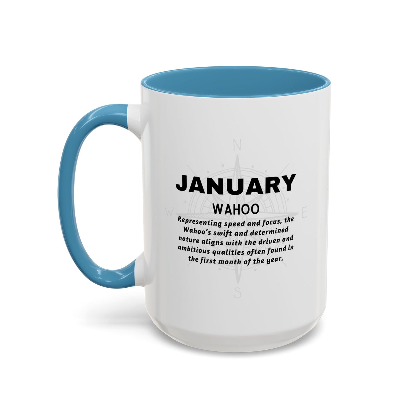 Colorful January Wahoo Birth Month Accent Coffee Mug with Colored Handle