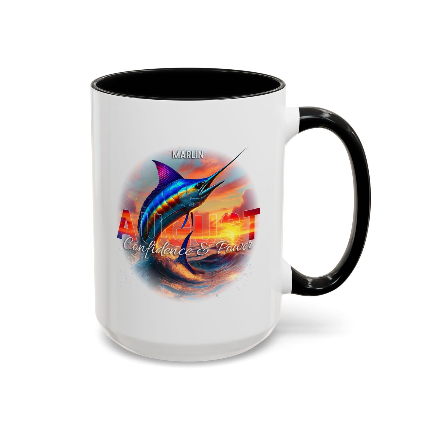 Colorful August Marlin Birth Month Accent Coffee Mug with Colored Handle
