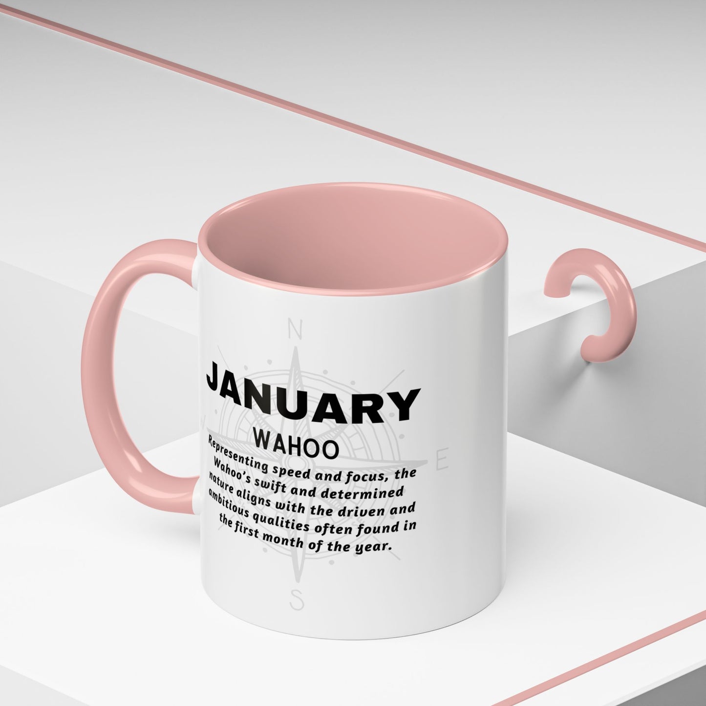 Colorful January Wahoo Birth Month Accent Coffee Mug with Colored Handle