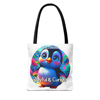 Personalized Kids Penguin Beach Tote Bag Playful & Curious