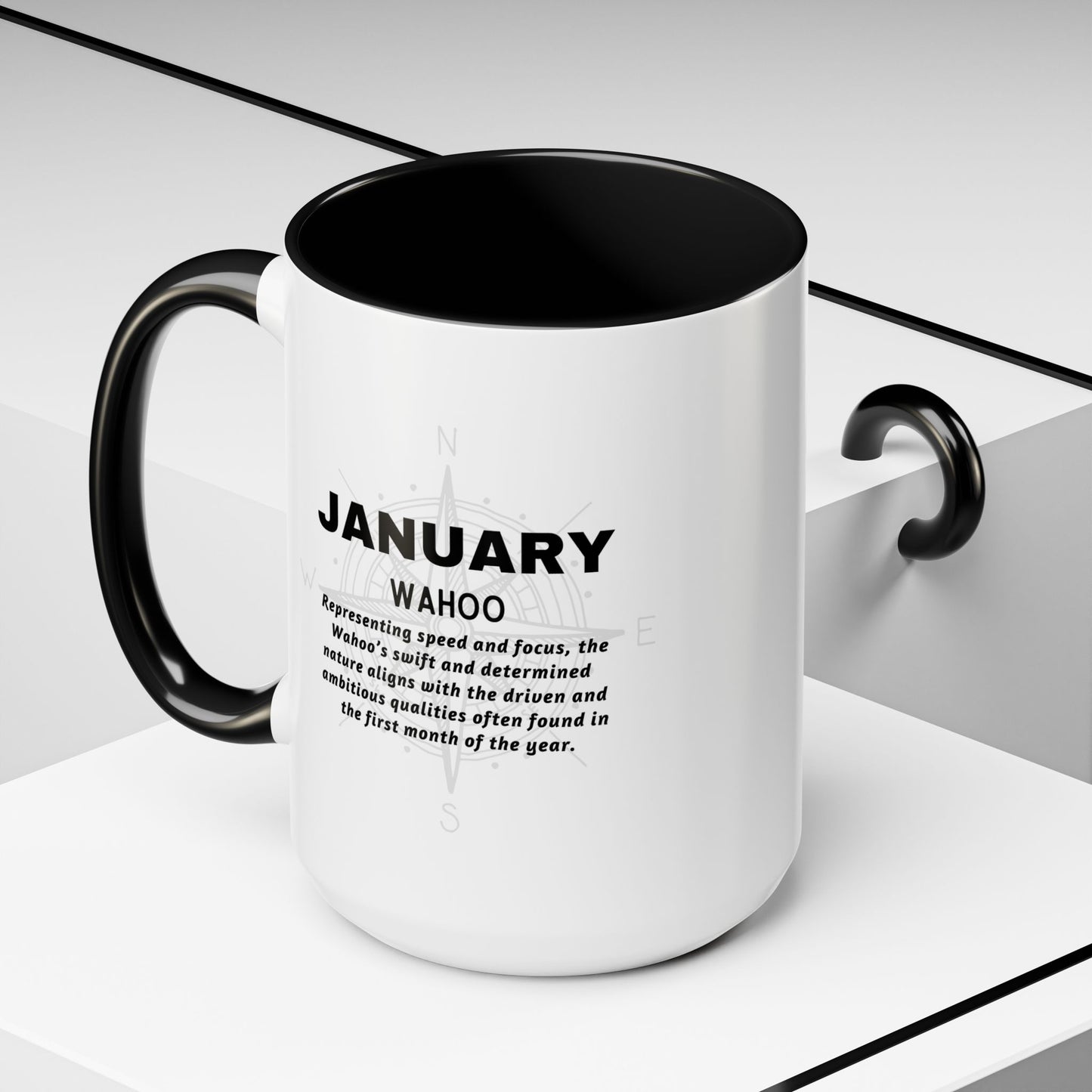 Colorful January Wahoo Birth Month Accent Coffee Mug with Colored Handle