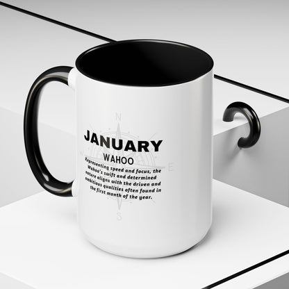 Colorful January Wahoo Birth Month Accent Coffee Mug with Colored Handle