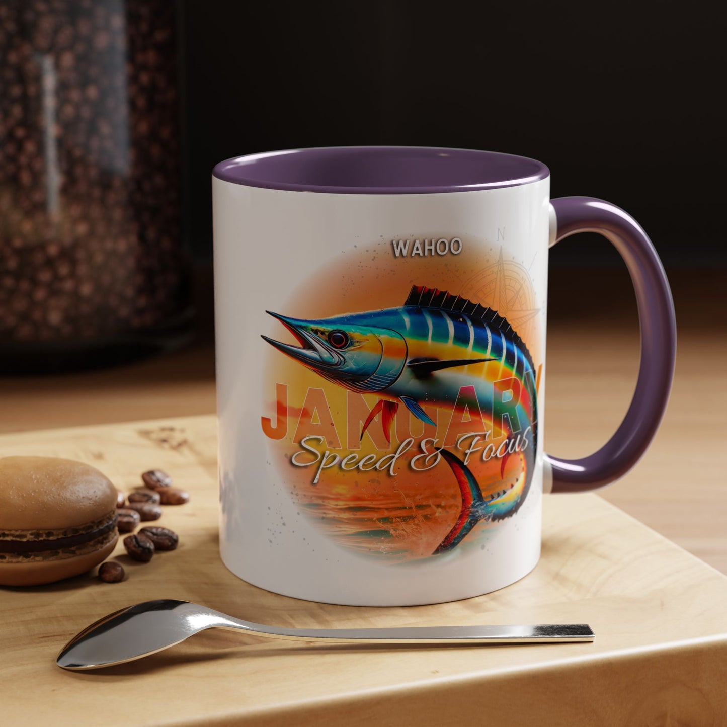 Colorful January Wahoo Birth Month Accent Coffee Mug with Colored Handle